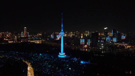 湖北武汉城市地标建筑夜景灯光航拍