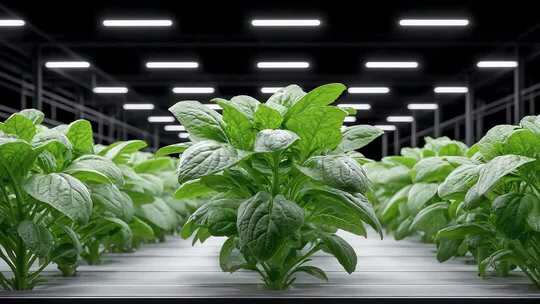 室内种植的绿色蔬菜在灯光下茁壮成长