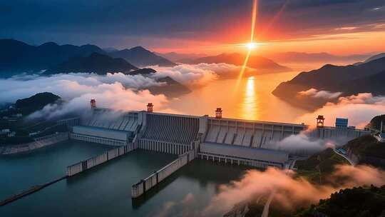 航拍云雾缭绕下的长江三峡大坝日出壮丽延时
