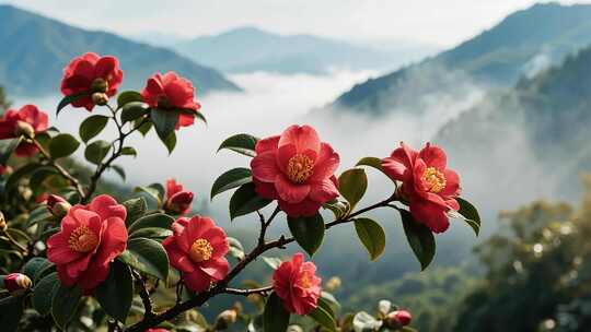 山景前绽放的红色山茶花