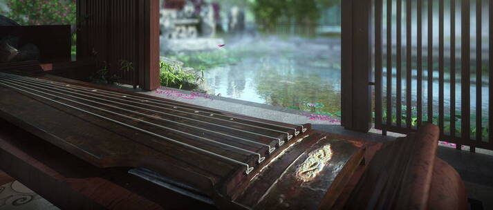 中式屏风 古筝 三维古筝 中式园林