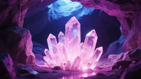 洞穴中发光的粉色水晶