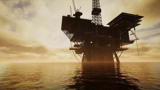 夕阳下的海上石油钻井