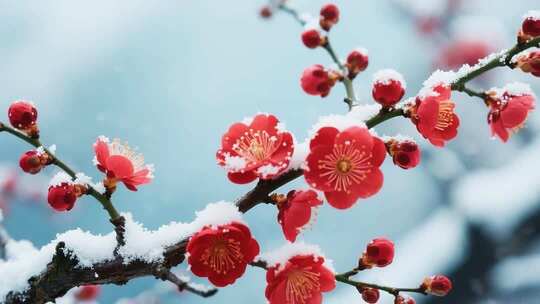 雪中绽放的红色梅花