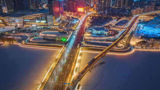 沈阳城市冬季浑河车水马龙繁华夜景航拍延时