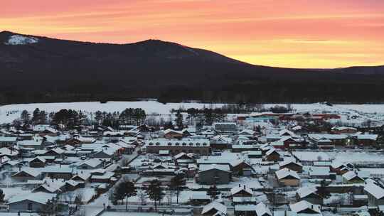 大兴安岭漠河北极村冬季日落晚霞4K航拍