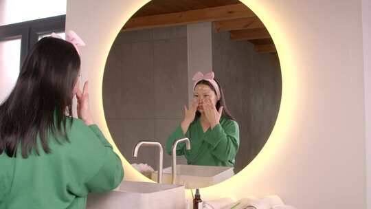 中年亚洲妇女淋浴后在脸上涂抹保湿霜