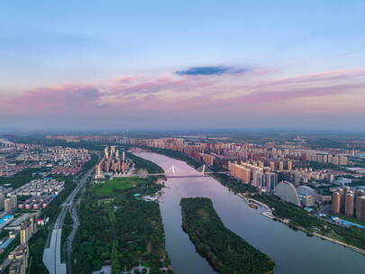 辽宁沈阳城市浑河富民桥傍晚航拍延时