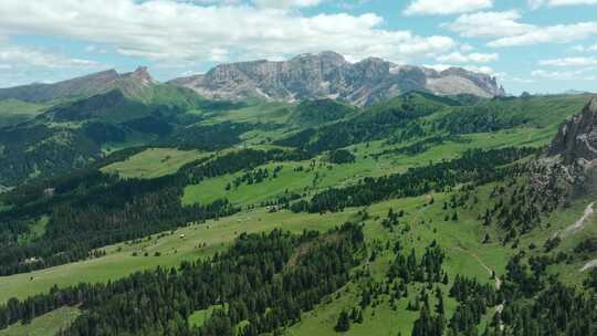 航拍森林高山山脉树林小路山谷山路蓝天白云