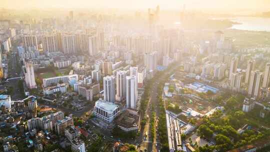 海南海口高视角航拍俯瞰城市交通建筑风景