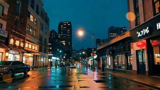 夜晚城市街道湿漉漉路面景象