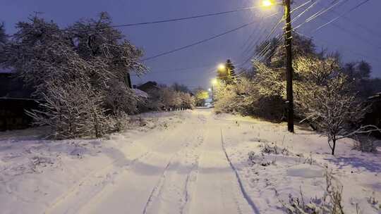 傍晚时分沿着下雪的乡村道路移动的相机路灯