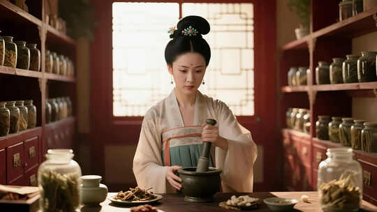 古代女子研磨草药