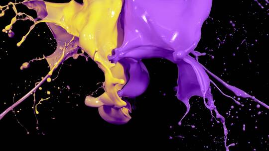 紫色黄色液体颜料泼洒融合飞溅