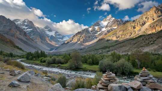雪山下河谷自然风光