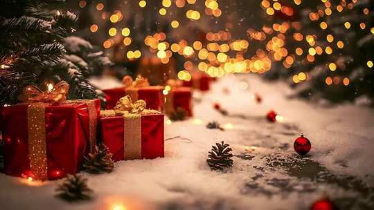 圣诞场景下雪地中的礼物与装饰