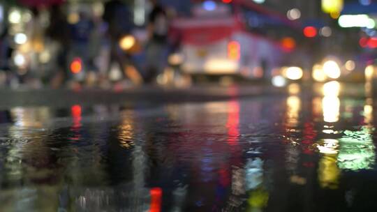 下雨天城市夜晚虚焦拍摄灯光车流