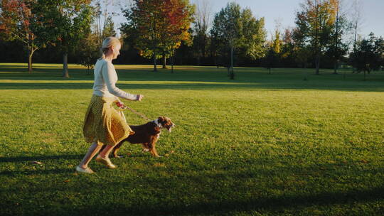 公园遛狗的女人视频素材模板下载