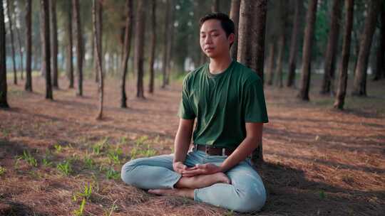 男人在公园冥想坐在莲花位置，在瑜伽垫上练