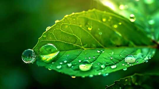 4K雨后植物绿叶微距叶片露珠自然