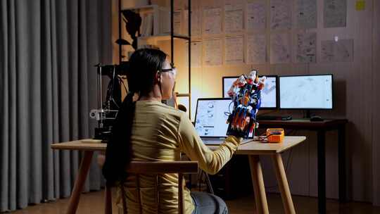 3D打印的亚洲少女在家里的笔记本电脑上设计时检查电子人的手