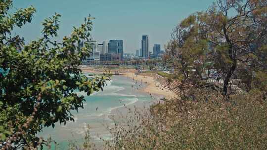 海滩，木板路，海，城市