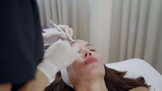 美容师用笔在病人额头上标记肉毒杆菌的注射