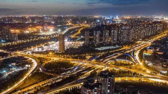 西安半坡立交夜景航拍延时