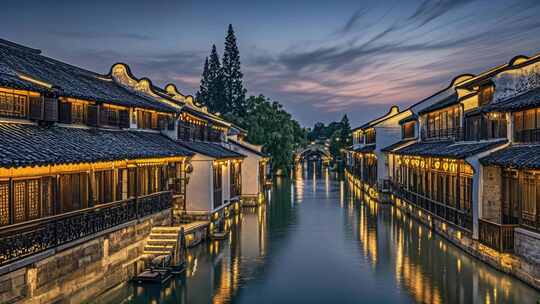 江南水乡古镇夜景灯火旅游文化风情