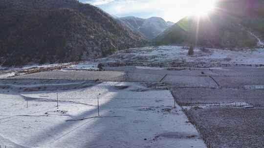 川西航拍雪后的上城子村雪景田园风光