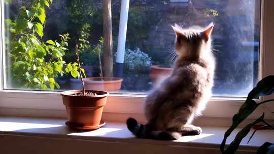 小猫坐窗台看向窗外