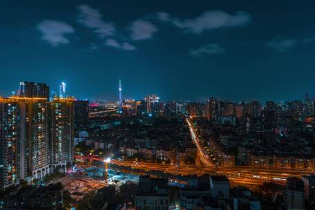 广州城市建筑夜景灯光与道路繁忙车流延时