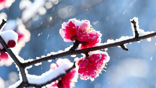 雪中红梅绽放特写