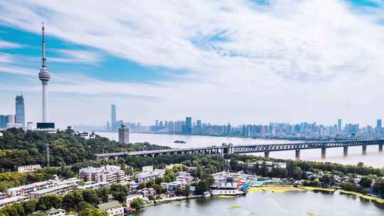 中国湖北武汉龟山电视塔和长江大桥延时摄影