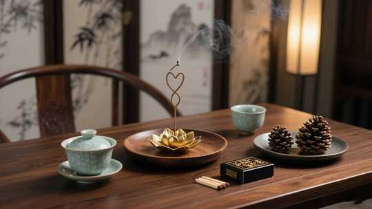 中式茶室茶具与焚香摆件