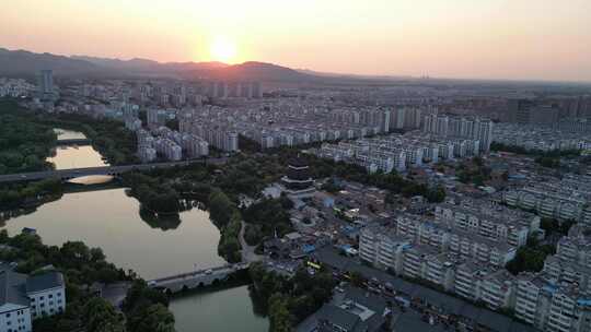 航拍山东潍坊青州古城夕阳晚霞