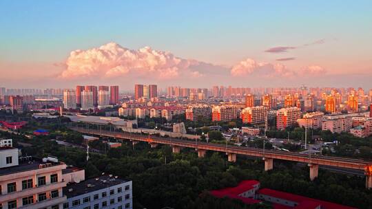 辽宁沈阳高铁列车城市风景航拍黄昏晚霞