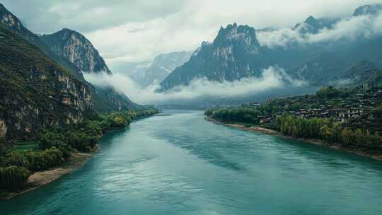 云雾缭绕山间的河流景色