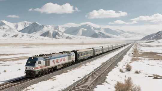 青藏铁路火车穿行雪山原野
