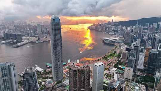 香港维多利亚港CBD中环日出高空航拍