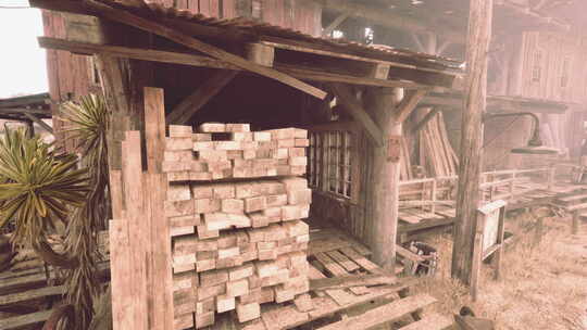 被堆叠的原木包围的乡村木结构建筑