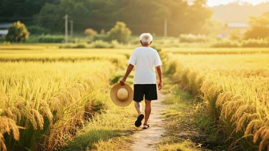 老人行走在金黄稻田小道