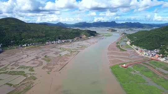 航拍温州乐清雁荡山红树林保护区蓝色海湾