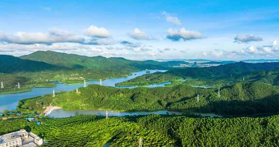 4k森林水库乡村振兴农业山峰山脉蓝天白云