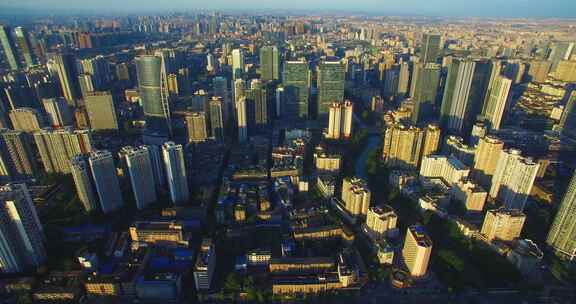 航拍成都夏季早晨阳光下美丽城市风景