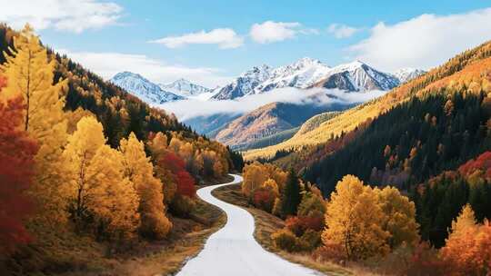 秋日山林蜿蜒公路雪山景观