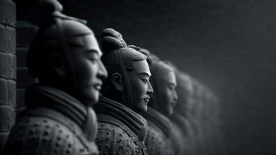 肃穆庄严的秦始皇兵马俑战士雕塑群像