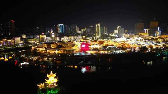 航拍贵州铜仁中南门古城夜景