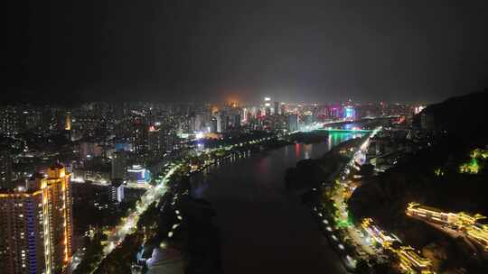 航拍甘肃兰州黄河两岸桥梁交通夜景灯光