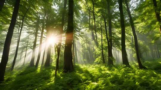 阳光穿透森林绿色植被景观